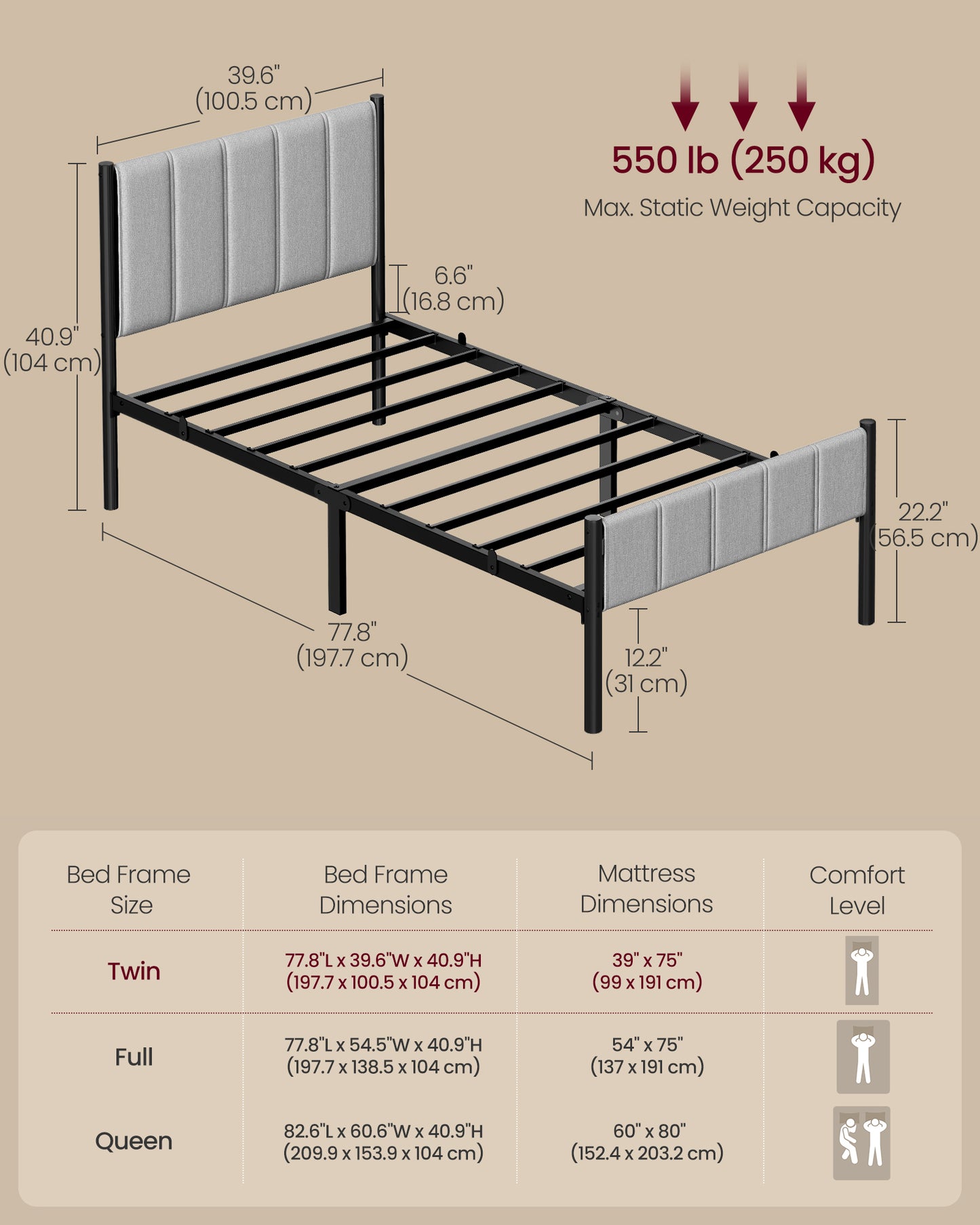 Twin Bed Frame with Upholstered Headboard