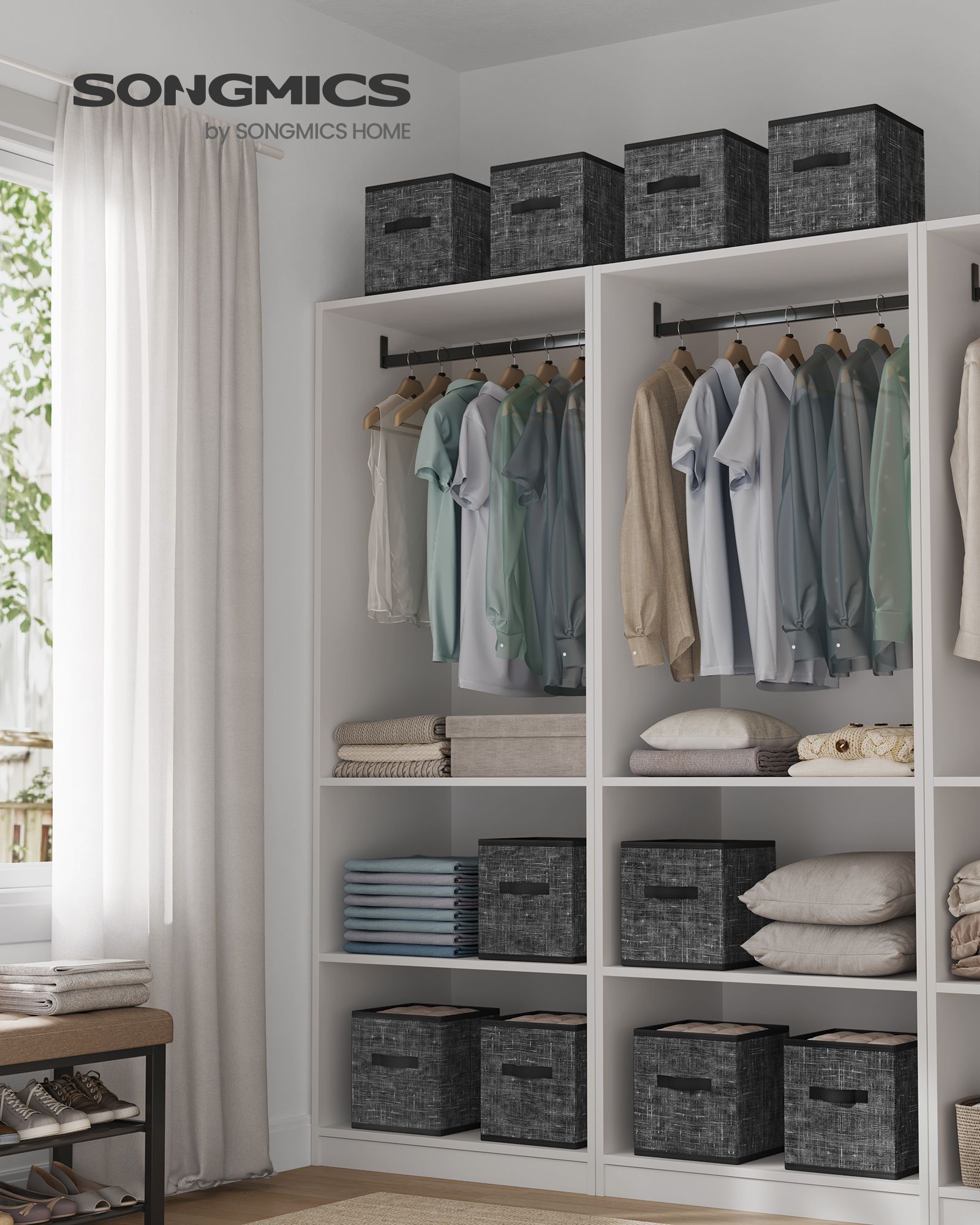 Storage Cubes, 11-Inch Non-Woven Fabric Bins with Double Handles, Set of 10, Closet Organizers for Shelves, Foldable, for Clothes, Ink Black UROB126B01