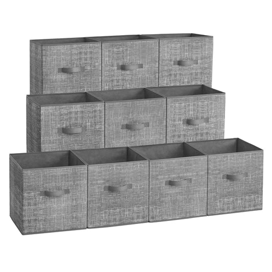 Storage Cubes, 11-Inch Non-Woven Fabric Bins with Double Handles, Set of 10, Closet Organizers for Shelves, Foldable, for Clothes, Cattail Gray