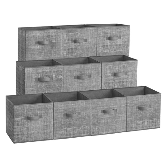 Storage Cubes, 13-Inch Non-Woven Fabric Bins with Double Handles, Set of 10, Closet Organizers for Shelves, Foldable, for Clothes, Cattail Gray