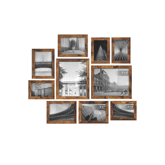 Picture Frames, Set of 10, Two 8 x 10 Inch, Four 5 x 7 Inch, Four 4 x 6 Inch, Collage Photo Frames, Clear Glass Front, Rustic Brown