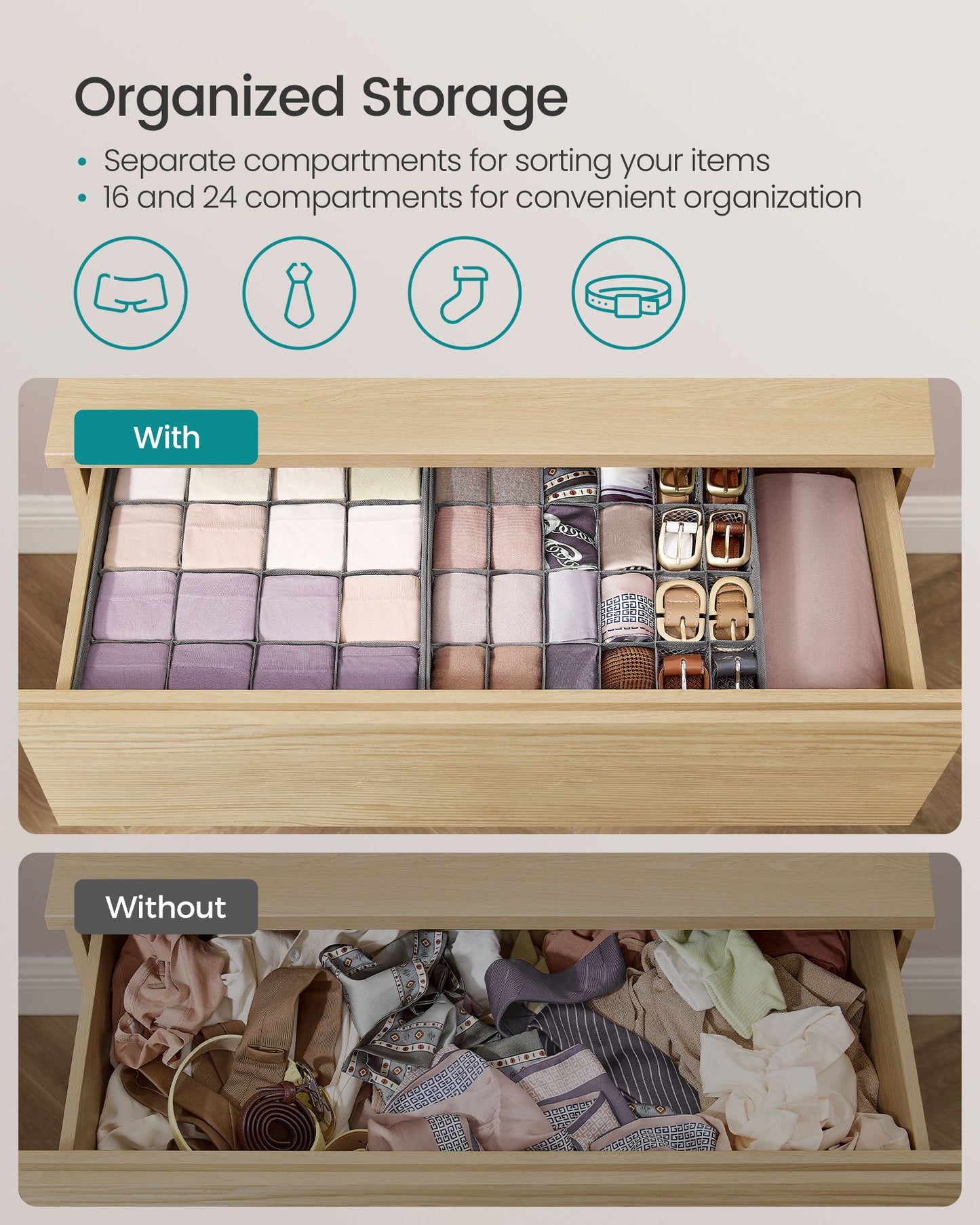 Set of 6 Closet Organizers for Underwear, 120 Cells