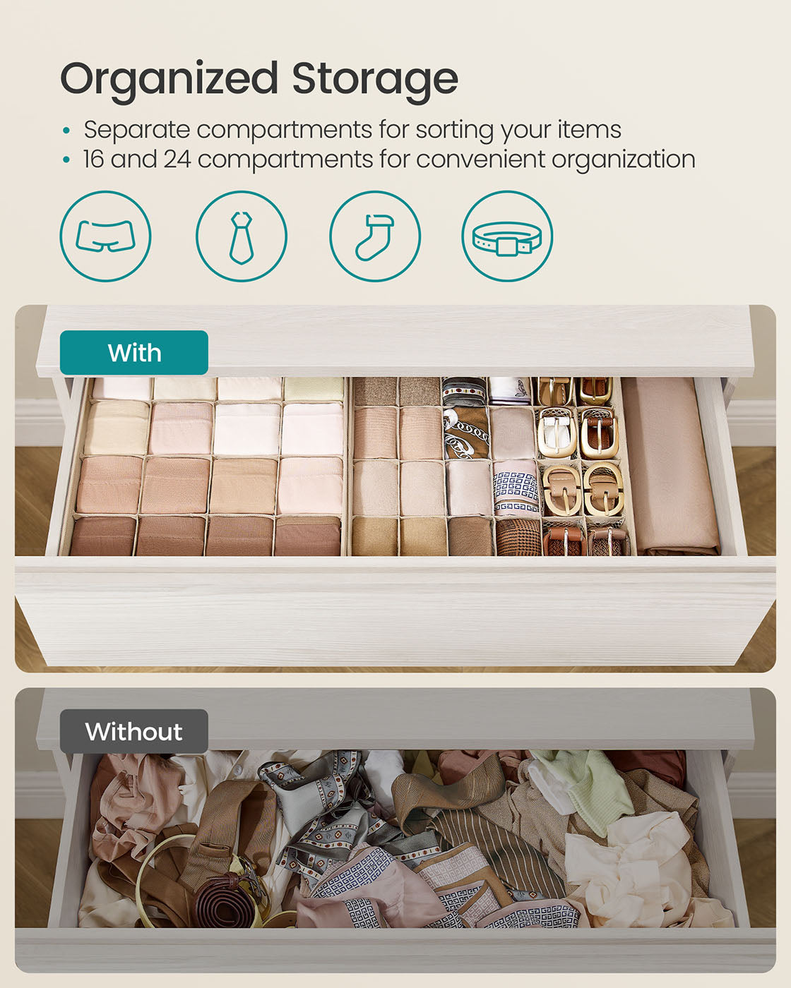 Set of 4 Closet Organizers for Underwear, 80 Cells - HWLEXTRA 