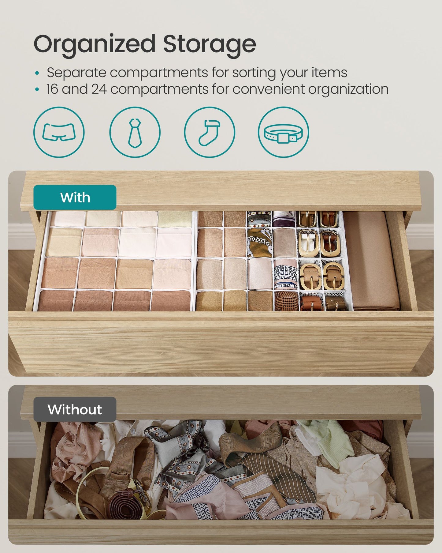 Set of 4 Closet Organizers for Underwear, 80 Cells - HWLEXTRA 