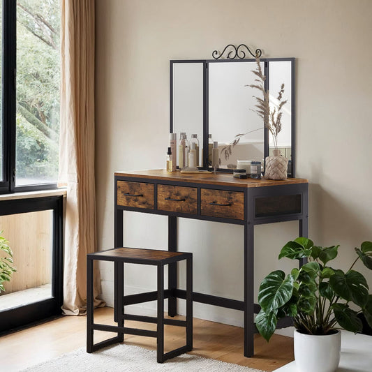 Dressing Table and Stool Set, Triple Fold Mirror, Industrial Vanity Table with 3 Drawers, Steel Frame - image 1