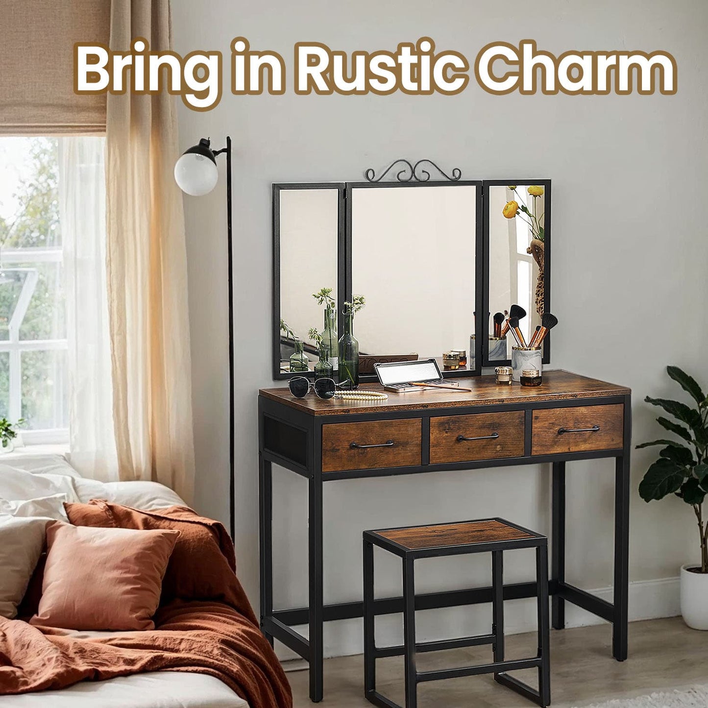 Dressing Table and Stool Set, Triple Fold Mirror, Industrial Vanity Table with 3 Drawers, Steel Frame - image 2