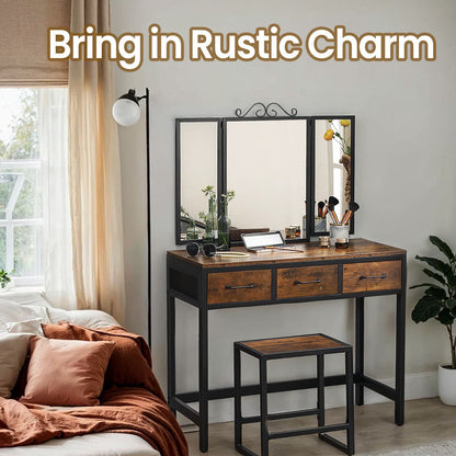 Dressing Table and Stool Set, Triple Fold Mirror, Industrial Vanity Table with 3 Drawers, Steel Frame - image 2
