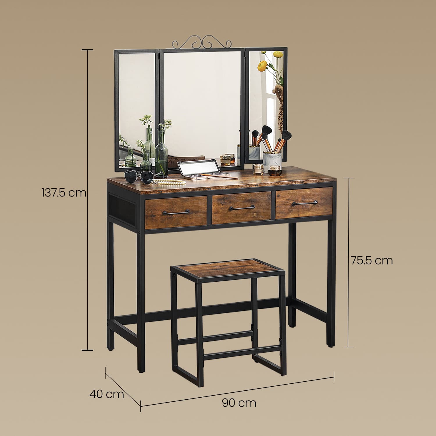 Dressing Table and Stool Set, Triple Fold Mirror, Industrial Vanity Table with 3 Drawers, Steel Frame - image 6