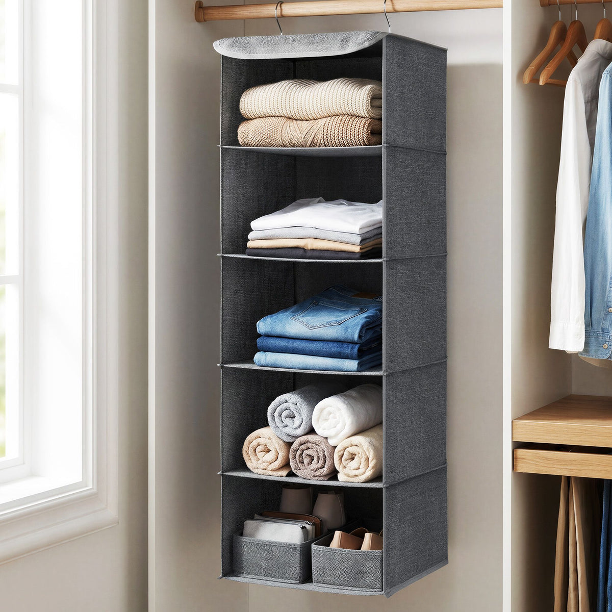 Set of 2 Foldable Hanging Closet Shelves, Wardrobe Storage Organisers with Metal Hooks - image 11