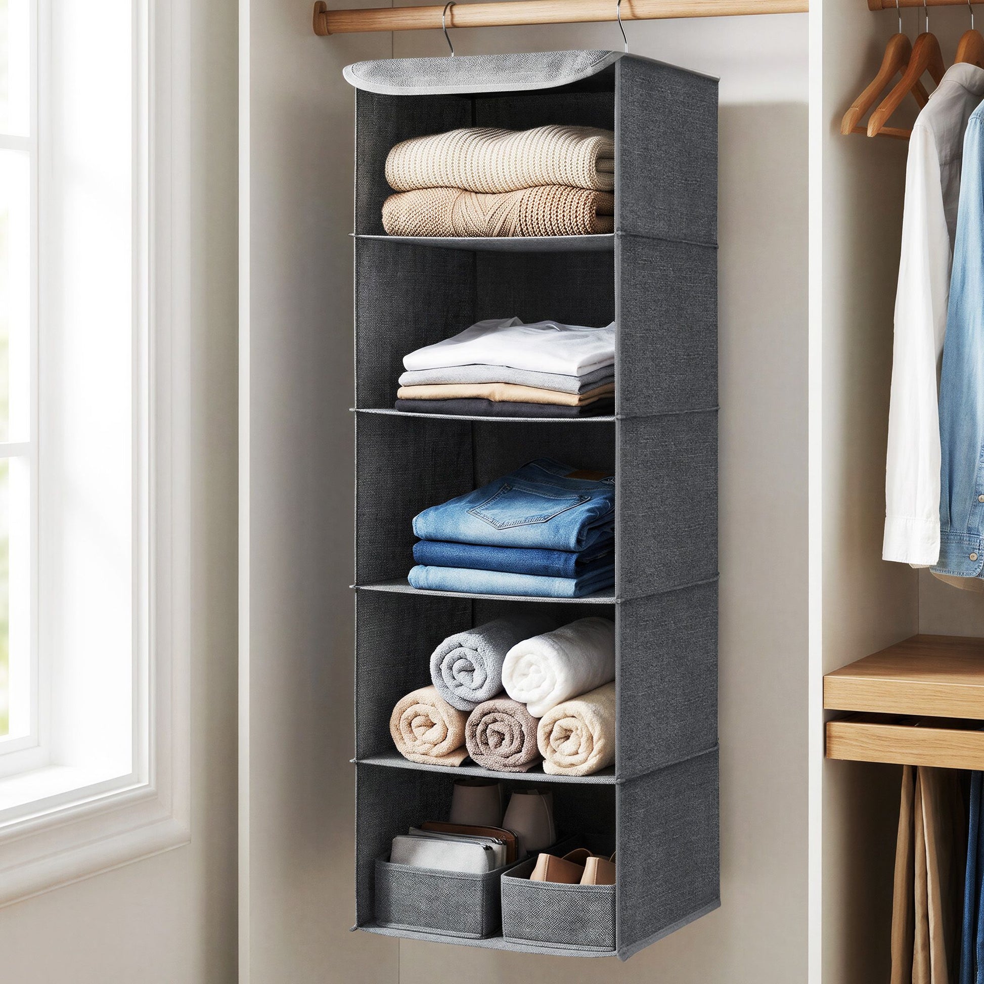 Set of 2 Foldable Hanging Closet Shelves, Wardrobe Storage Organisers with Metal Hooks - image 11