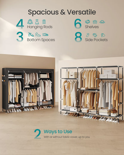 Portable Closet, Fabric Wardrobe, 4 Hanging Rods, 74.4 x 17.7 x 70.9 Inches, Black