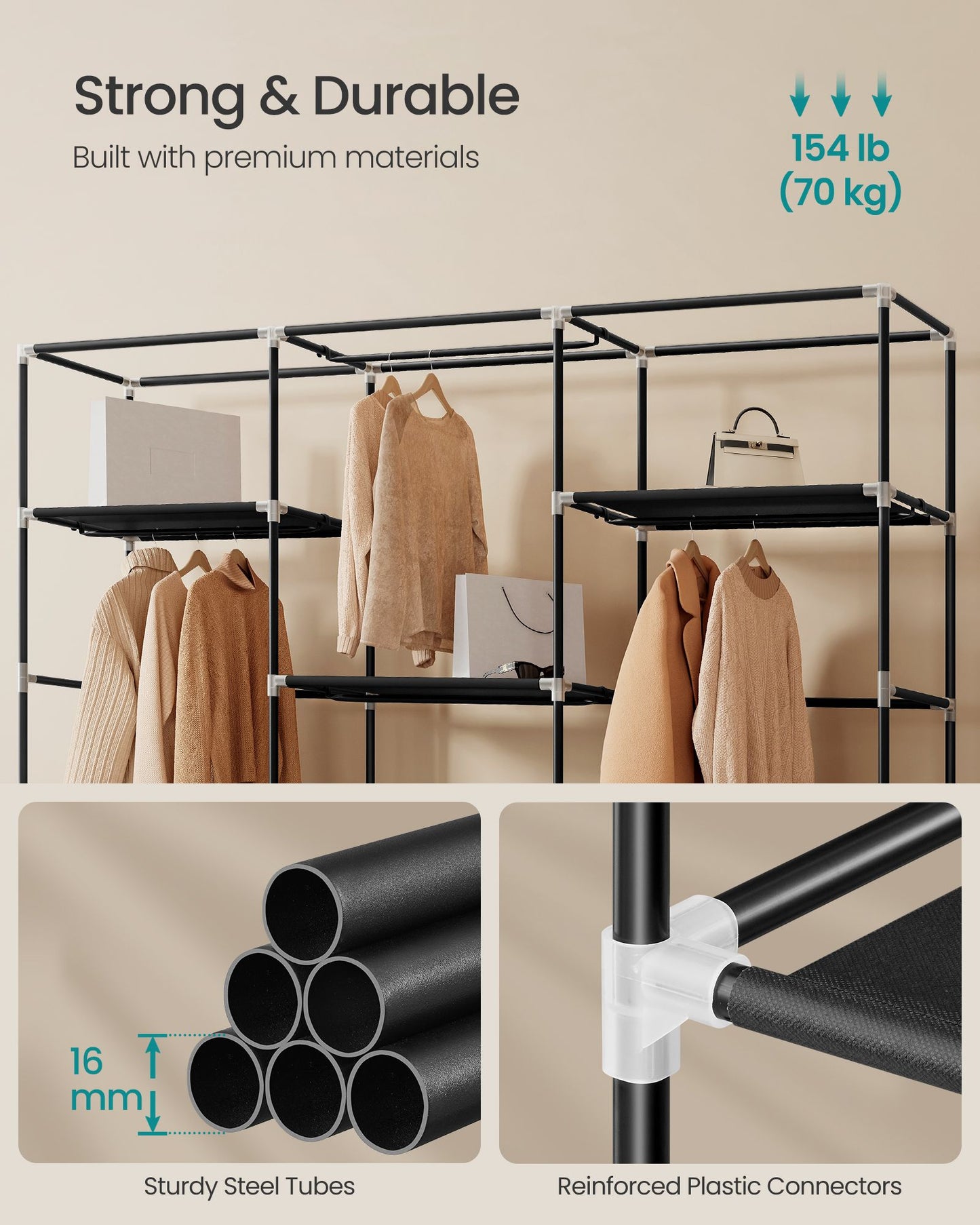 Portable Closet, Fabric Wardrobe, 4 Hanging Rods, 74.4 x 17.7 x 70.9 Inches, Black