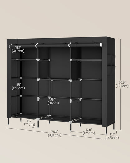 Portable Closet, Fabric Wardrobe, 4 Hanging Rods, 74.4 x 17.7 x 70.9 Inches, Black