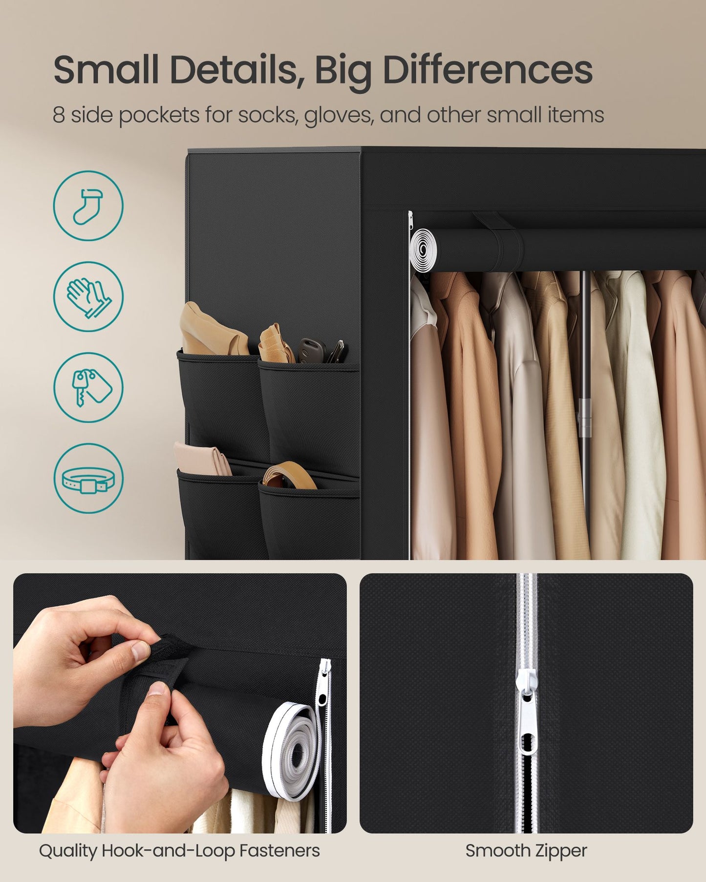 Portable Closet, Fabric Wardrobe, 4 Hanging Rods, 74.4 x 17.7 x 70.9 Inches, Black