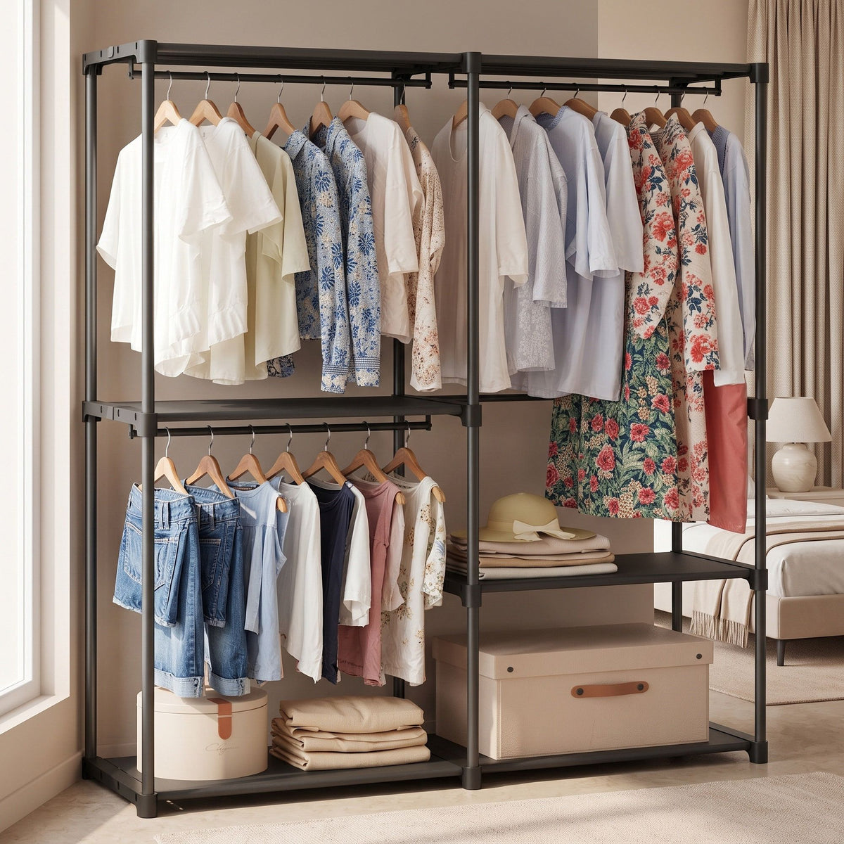 Freestanding Clothing Rack, Large Capacity Closet with 3 Hanging Rods and Shelves, for Bedroom, Black - image 4