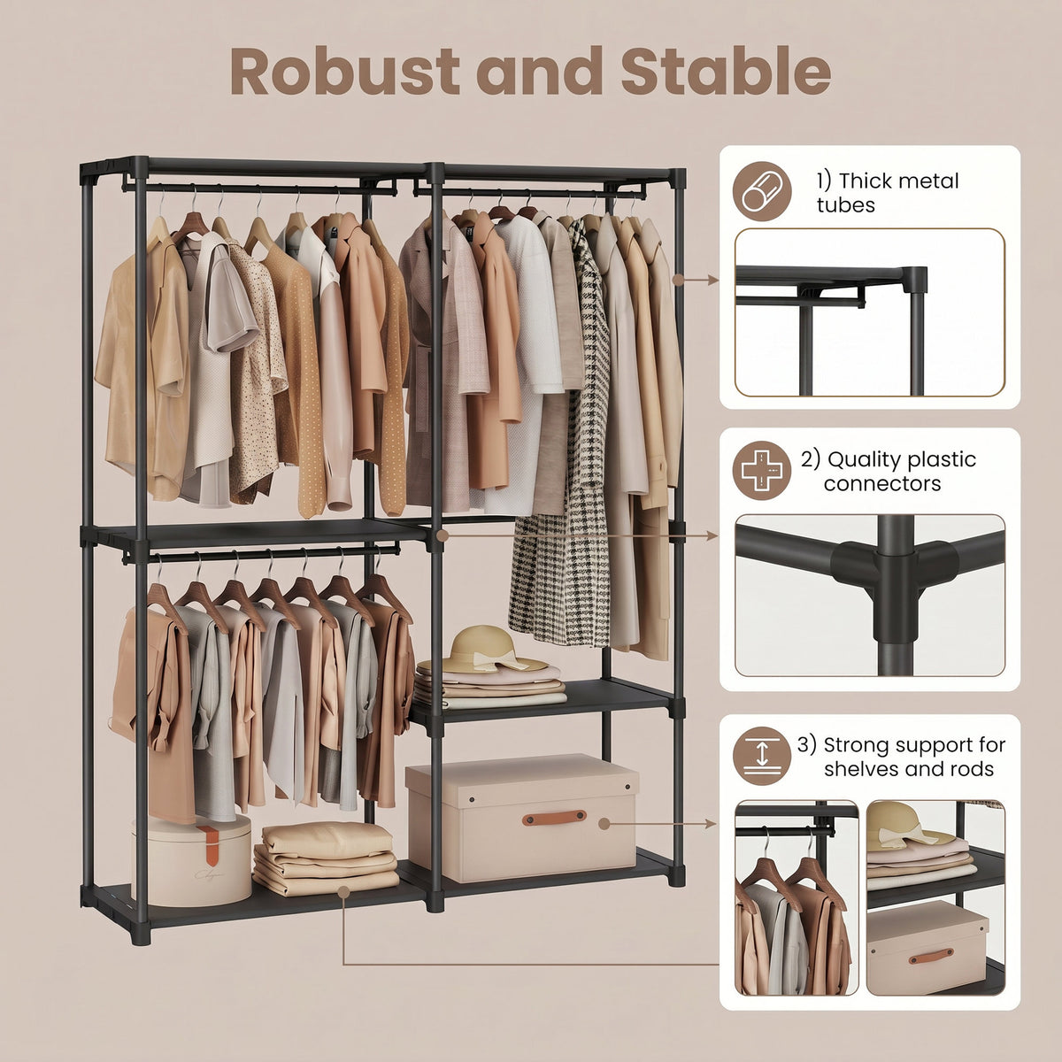 Freestanding Clothing Rack, Large Capacity Closet with 3 Hanging Rods and Shelves, for Bedroom, Black - image 6