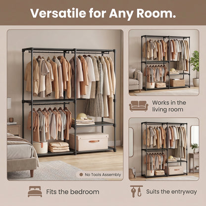 Freestanding Clothing Rack, Large Capacity Closet with 3 Hanging Rods and Shelves, for Bedroom, Black - image 7