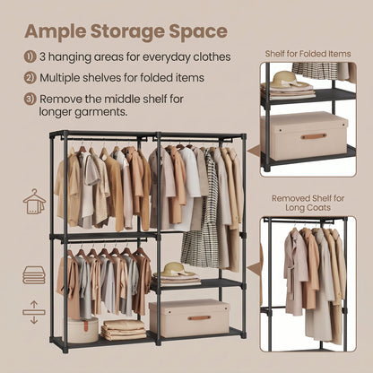 Freestanding Clothing Rack, Large Capacity Closet with 3 Hanging Rods and Shelves, for Bedroom, Black - image 8