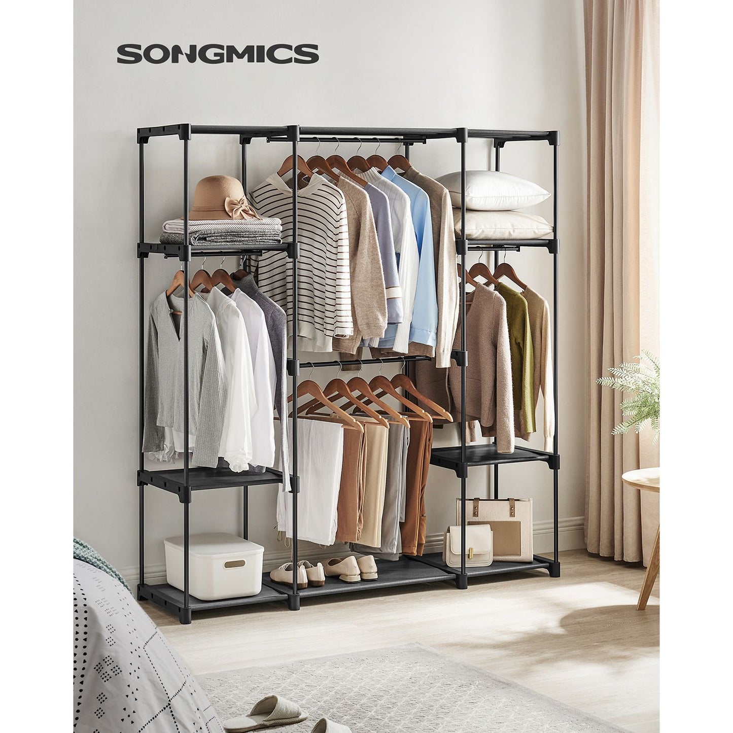 Freestanding Clothes Rack with Shelves, Hanging Rods