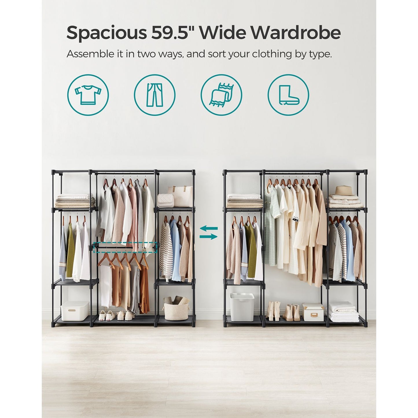 Freestanding Clothes Rack with Shelves, Hanging Rods