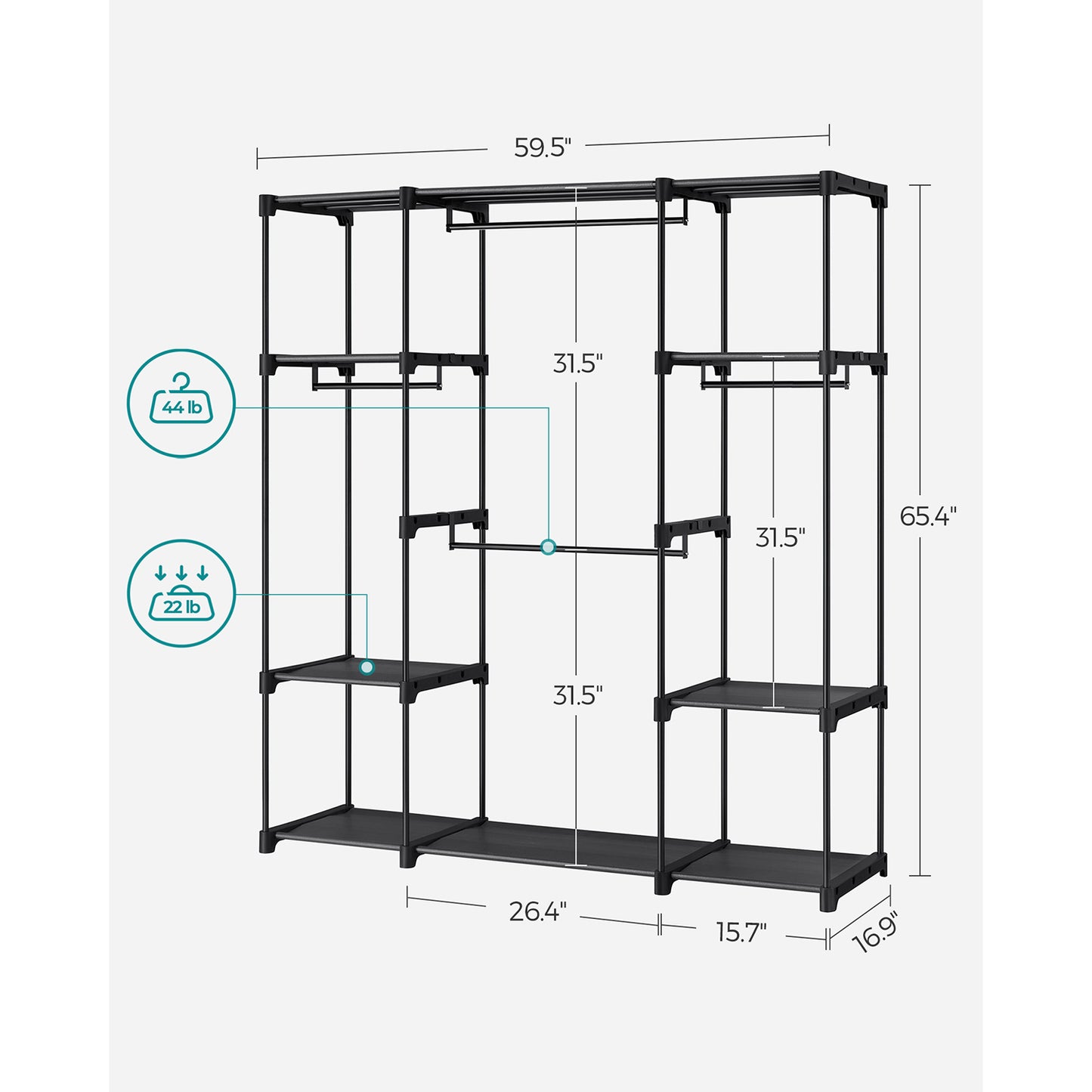 Freestanding Clothes Rack with Shelves, Hanging Rods
