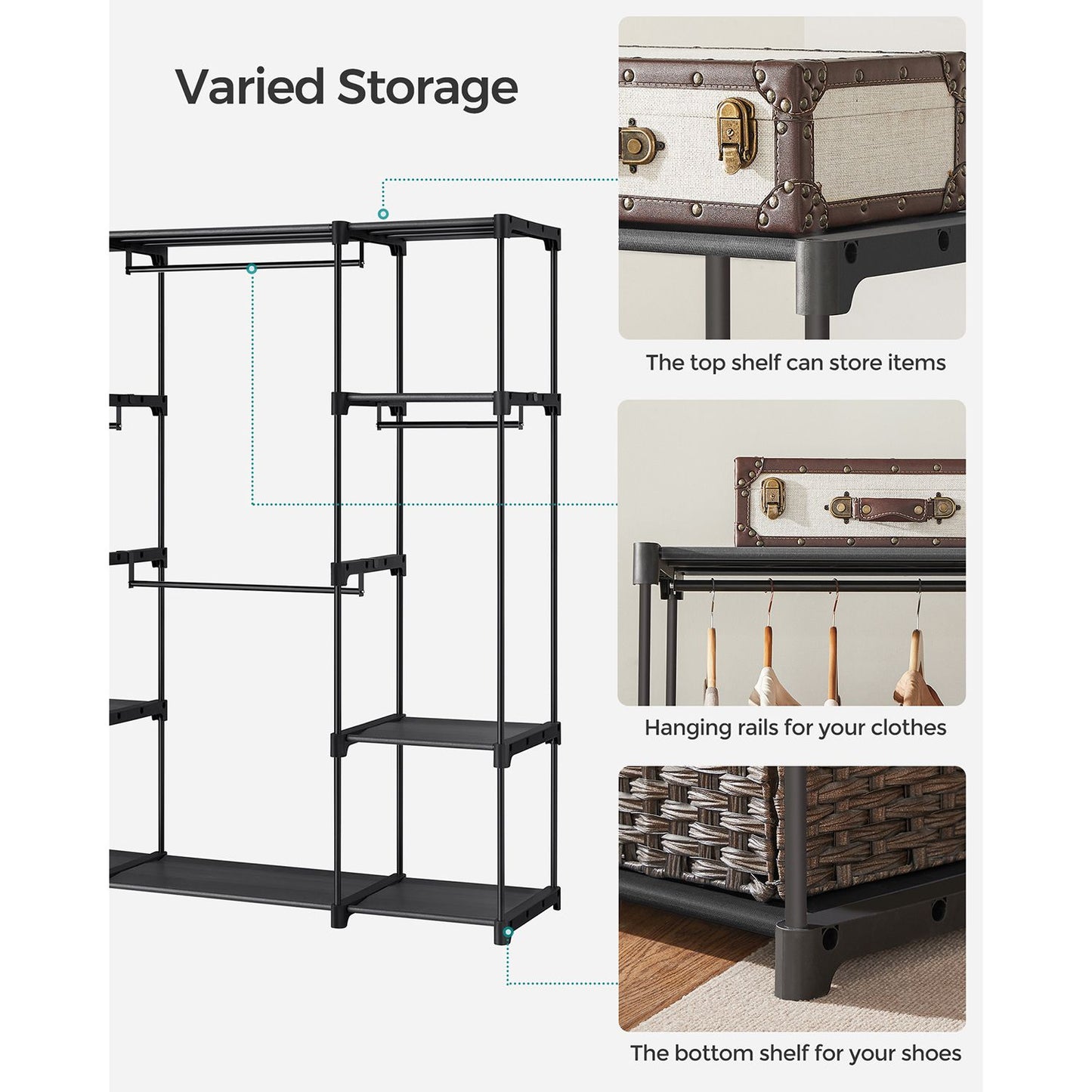 Freestanding Clothes Rack with Shelves, Hanging Rods