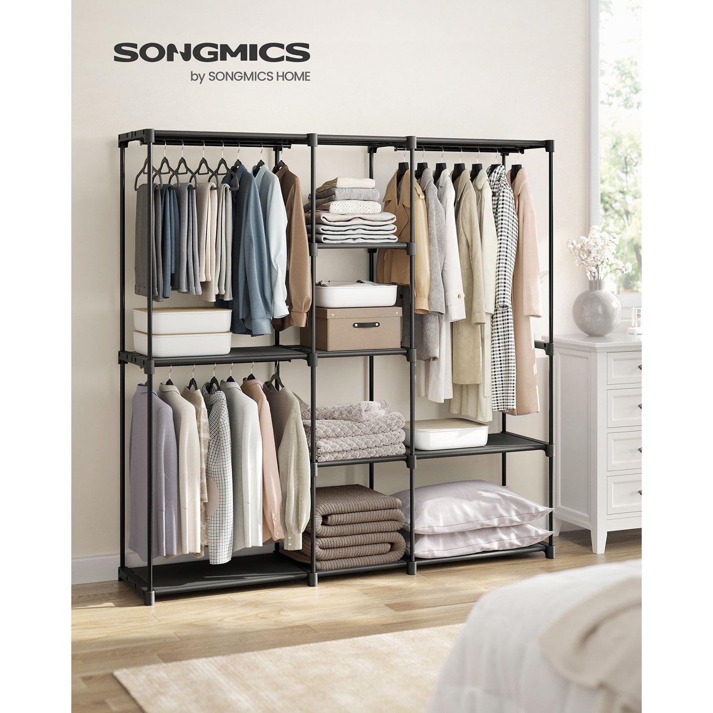 Freestanding Closet Organizer with Shelves, Hanging Rods