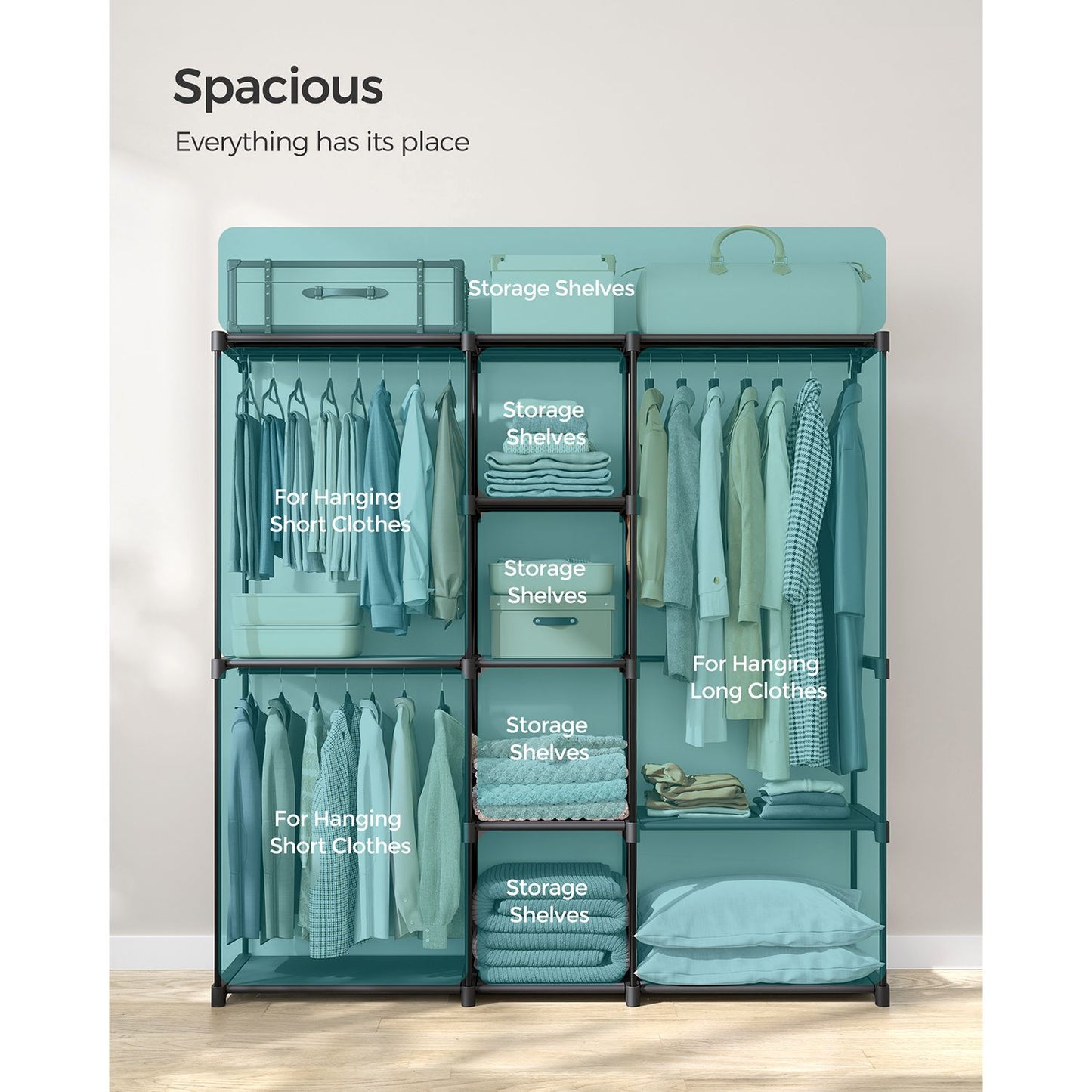Freestanding Closet Organizer with Shelves, Hanging Rods
