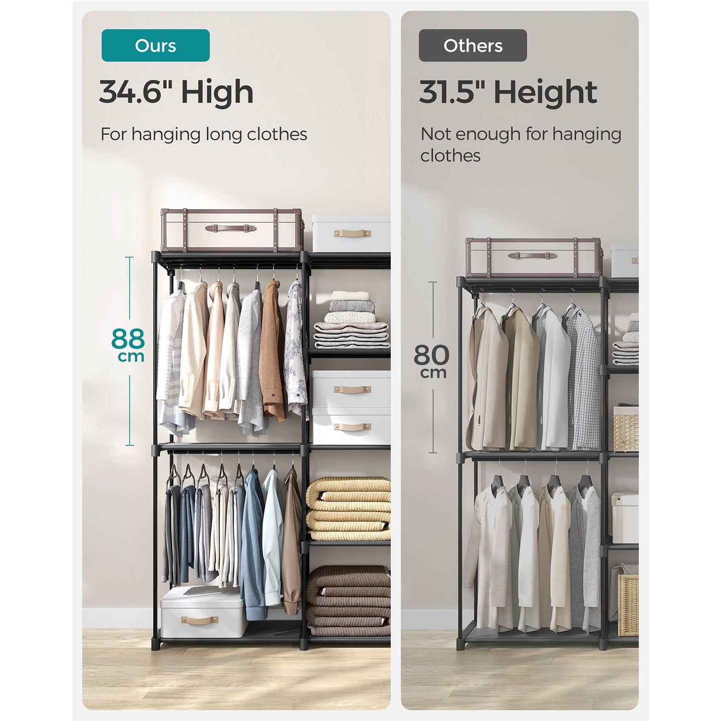Freestanding Closet Organizer with Shelves, Hanging Rods