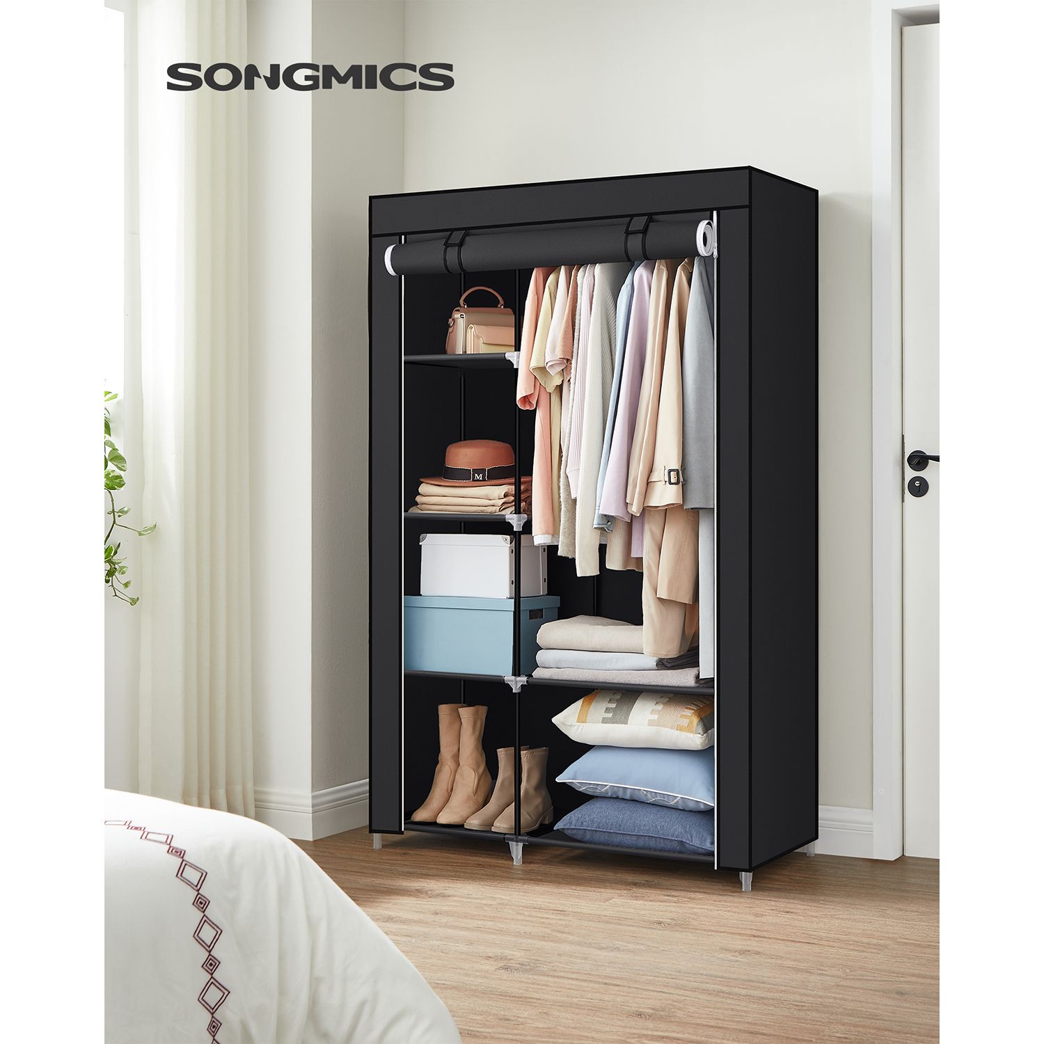 Black Portable Wardrobe with Fabric Cover - image 3