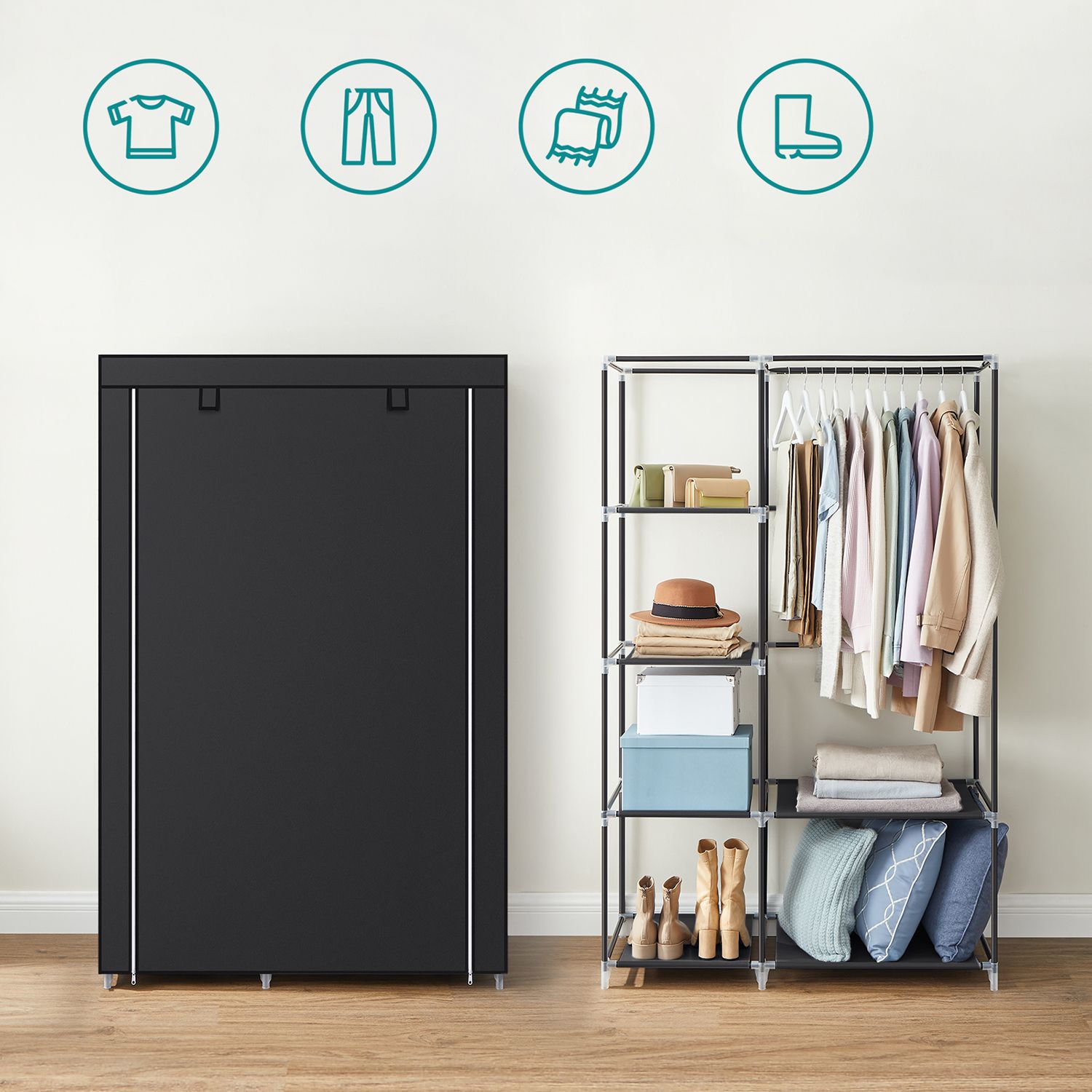 Black Portable Wardrobe with Fabric Cover - image 4