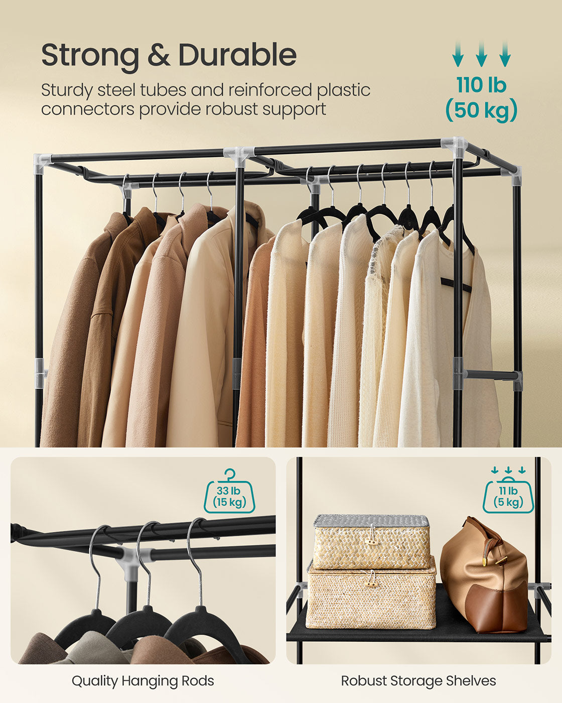 Portable Wardrobe with 3 Hanging Rails - image 25