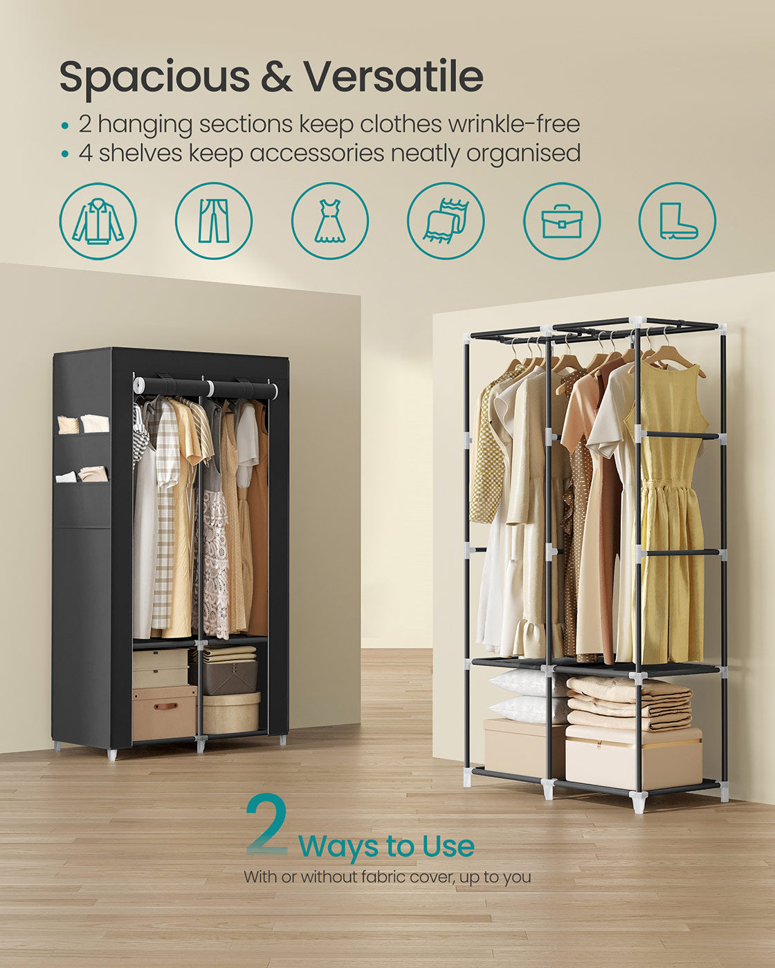 Portable Wardrobe with 3 Hanging Rails - image 26