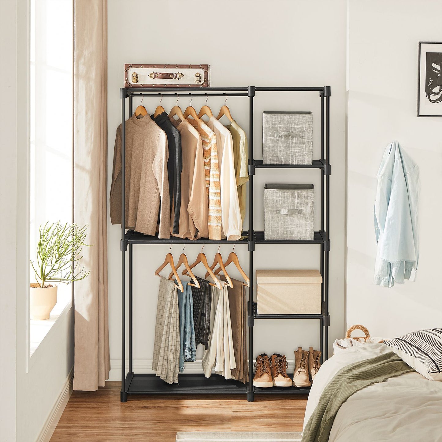 Freestanding Closet Organizer with Shelves, Hanging Rods