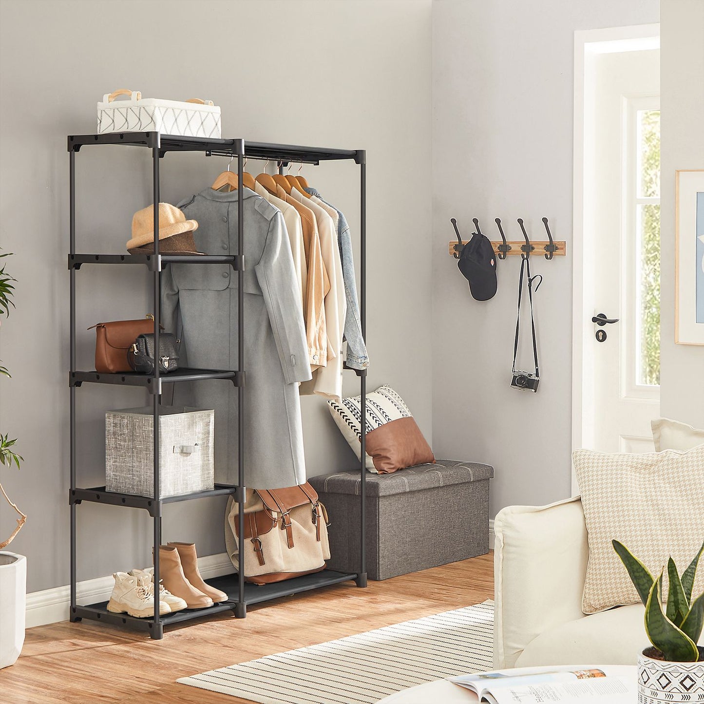 Freestanding Closet Organizer with Shelves, Hanging Rods