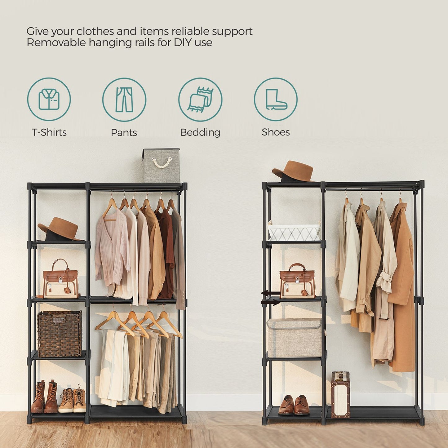 Freestanding Closet Organizer with Shelves, Hanging Rods