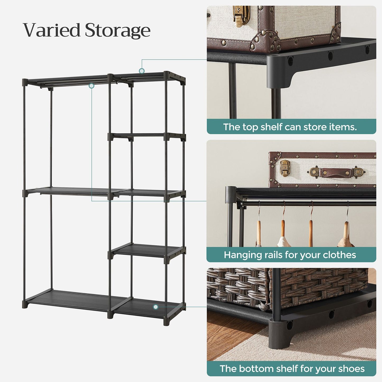 Freestanding Closet Organizer with Shelves, Hanging Rods