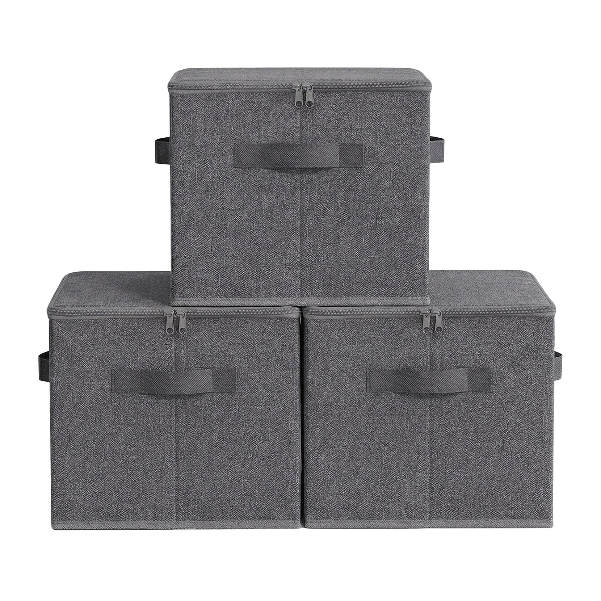 Set of 3 Foldable Storage Boxes with Lids and Handles, Non-Woven Clothes Organiser Baskets - image 1