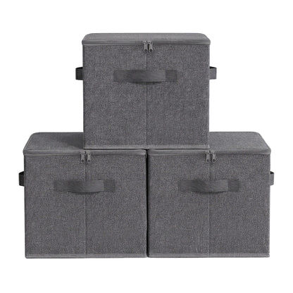Set of 3 Foldable Storage Boxes with Lids and Handles, Non-Woven Clothes Organiser Baskets - image 1