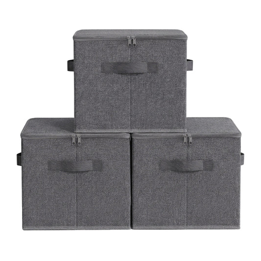 Set of 3 Foldable Storage Boxes with Lids and Handles, Non-Woven Clothes Organiser Baskets - image 1