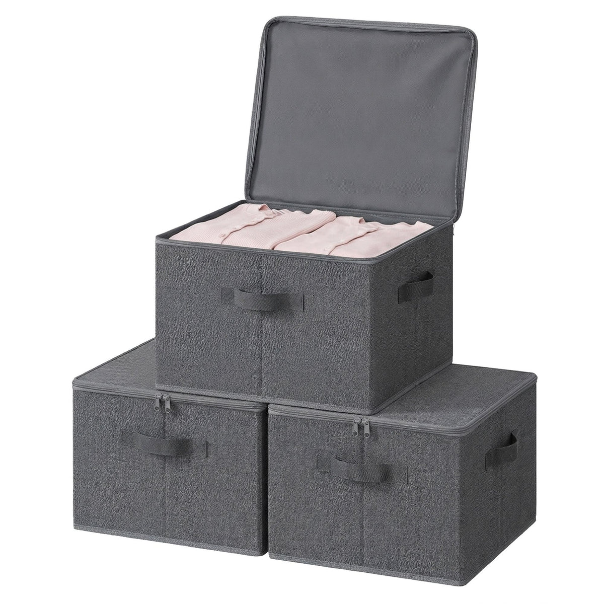 Set of 3 Foldable Storage Boxes with Lids and Handles, Non-Woven Clothes Organiser Baskets - image 2