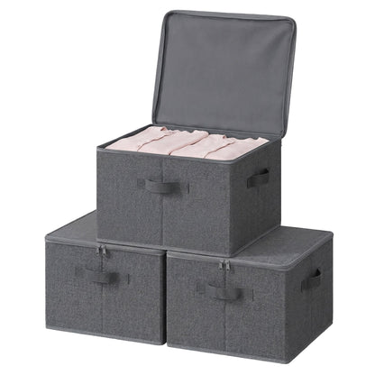Set of 3 Foldable Storage Boxes with Lids and Handles, Non-Woven Clothes Organiser Baskets - image 2