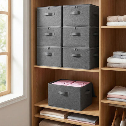 Set of 3 Foldable Storage Boxes with Lids and Handles, Non-Woven Clothes Organiser Baskets - image 5