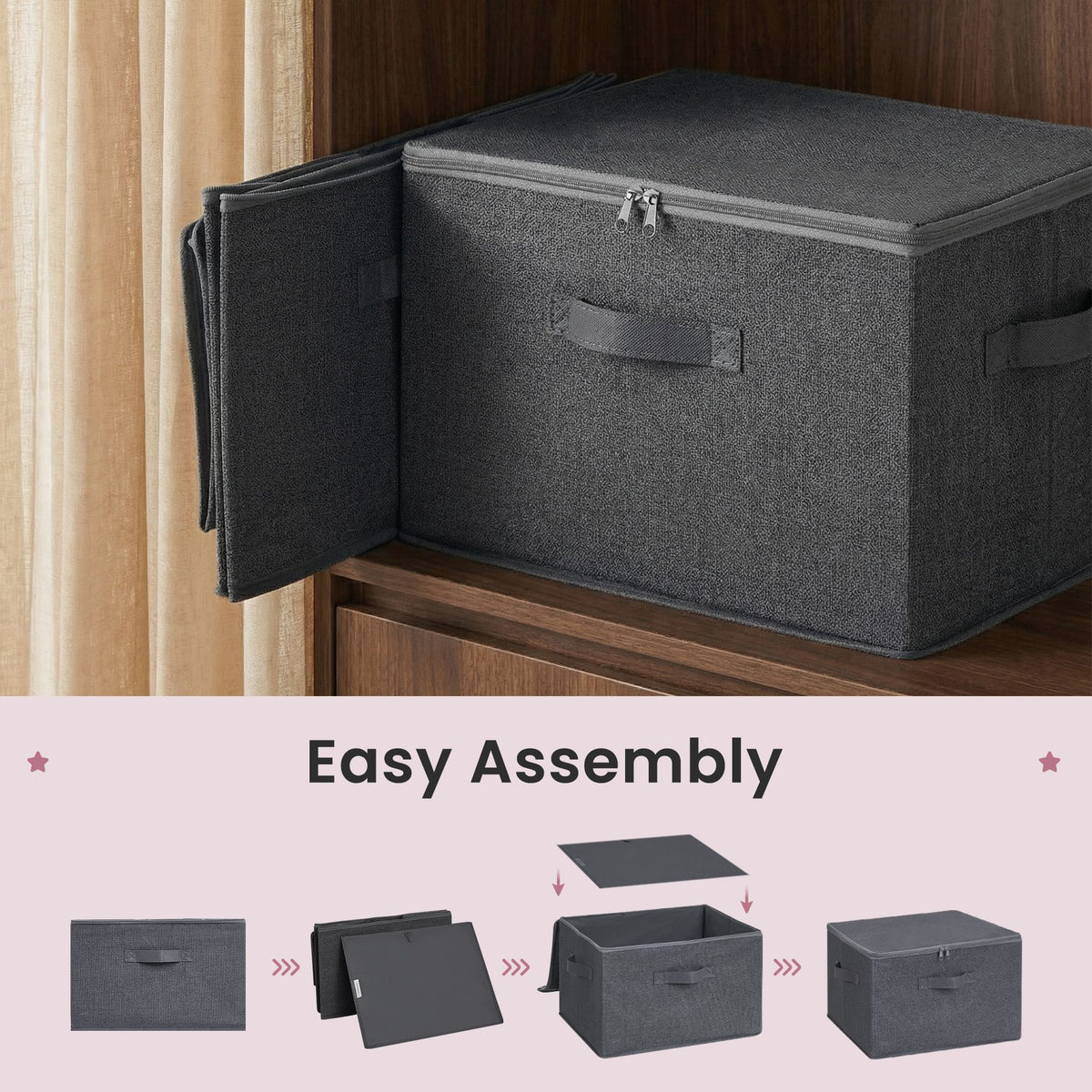 Set of 3 Foldable Storage Boxes with Lids and Handles, Non-Woven Clothes Organiser Baskets - image 7