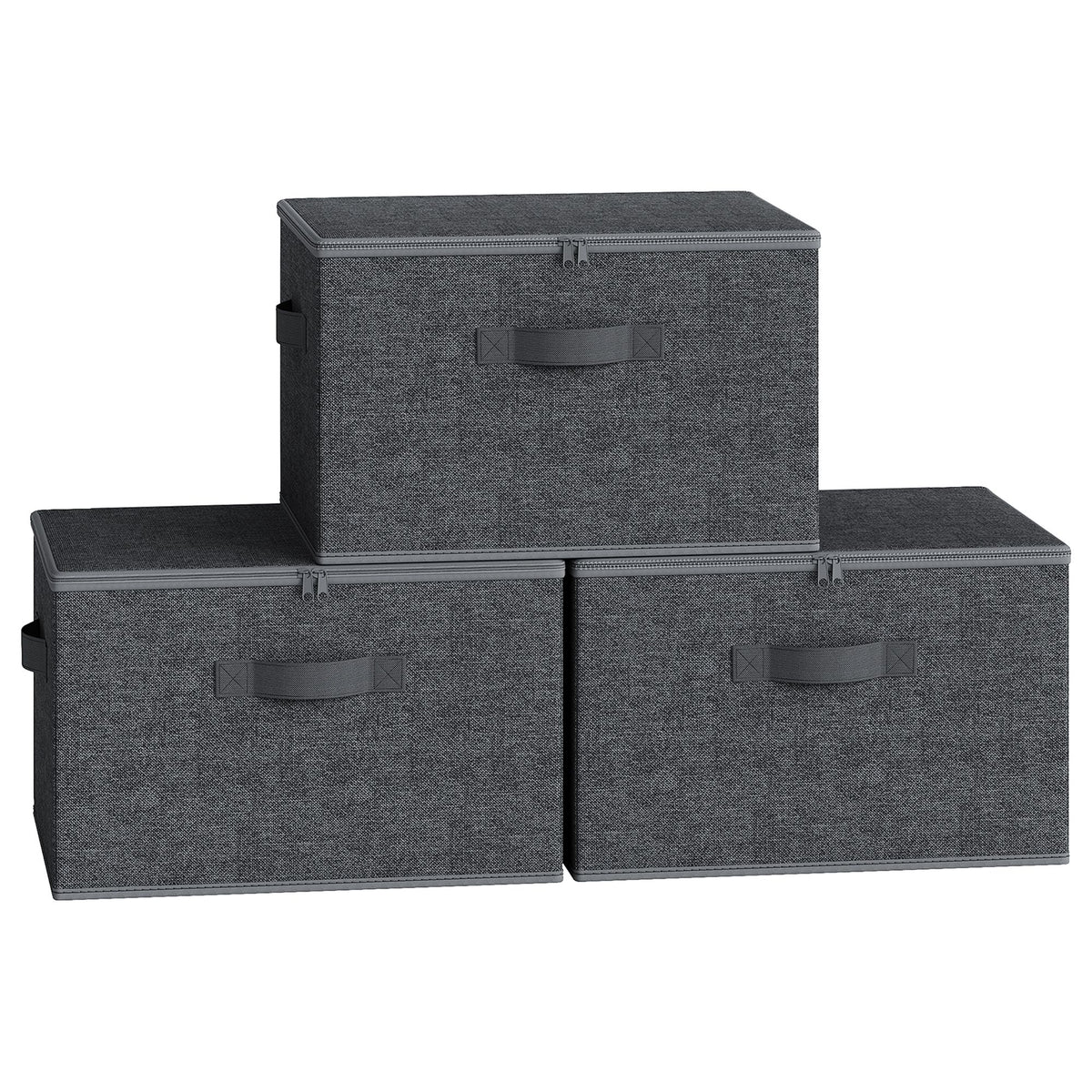 Set of 3 Foldable Storage Boxes with Lids and Handles, Non-Woven Clothes Organiser Baskets