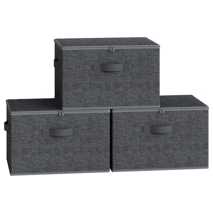Set of 3 Foldable Storage Boxes with Lids and Handles, Non-Woven Clothes Organiser Baskets