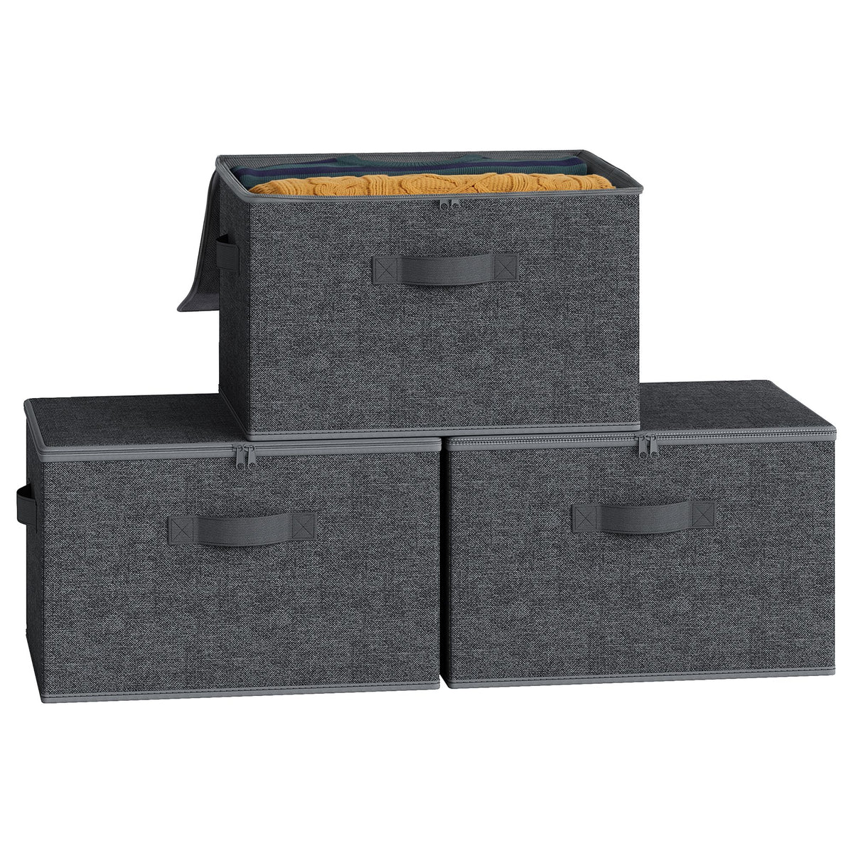 Set of 3 Foldable Storage Boxes with Lids and Handles, Non-Woven Clothes Organiser Baskets
