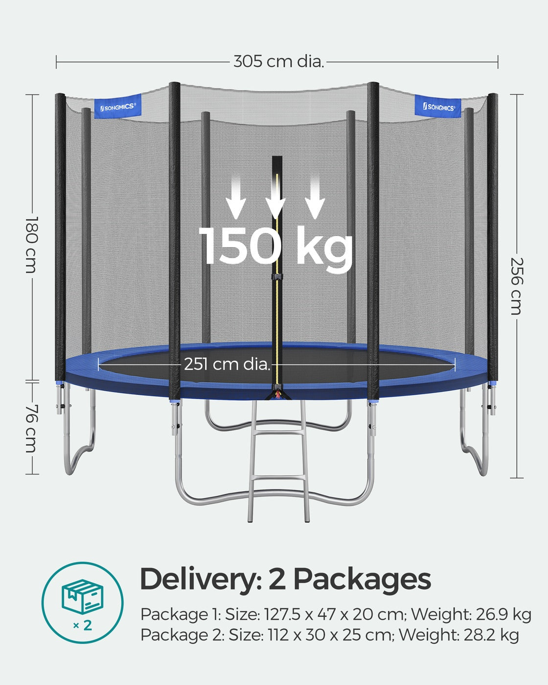 Children’s Trampoline with Safety Net, Ladder, 180 cm High, Blue - image 8