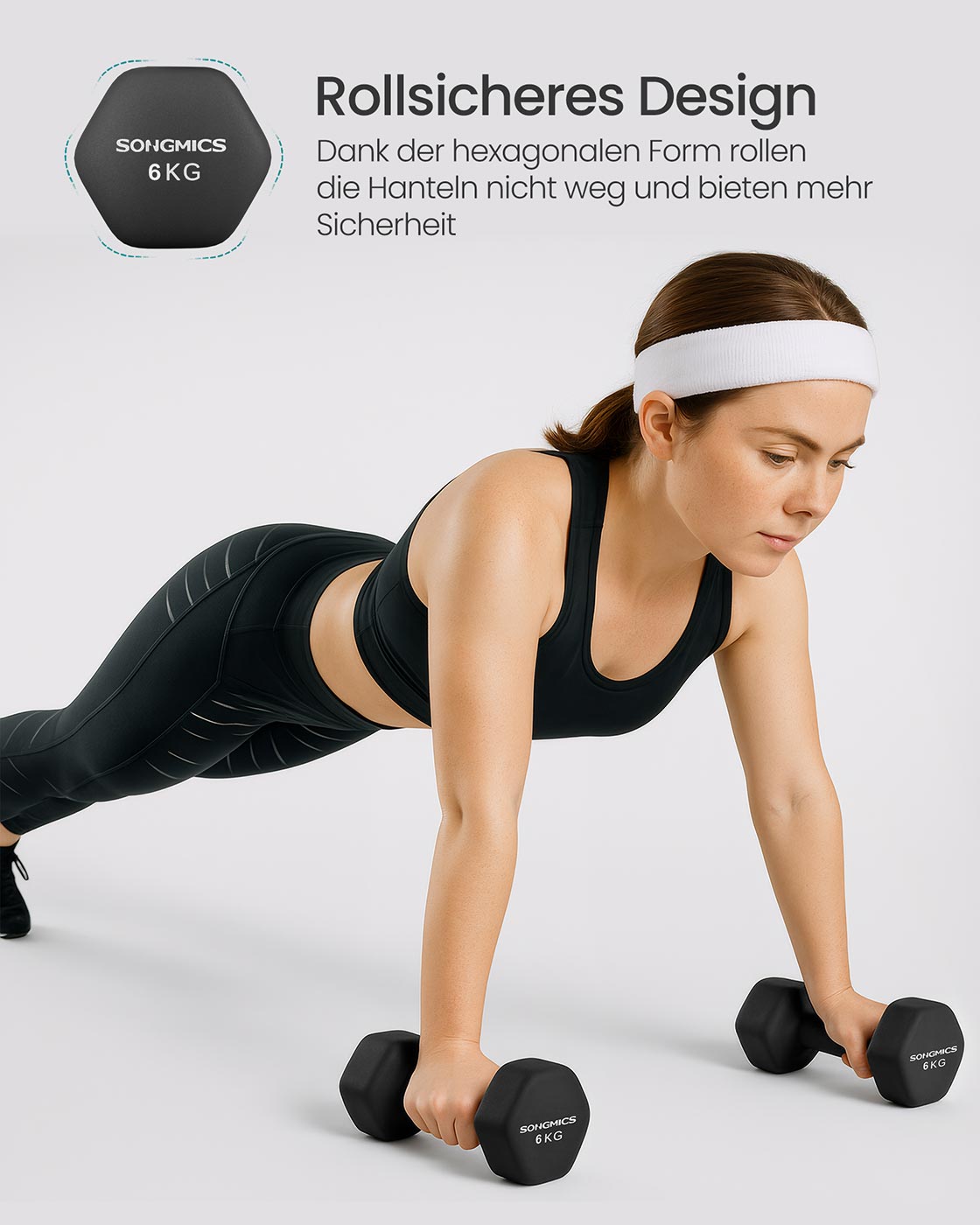 Black Vinyl-Coated Hex Dumbbells — Pair of 6 kg
