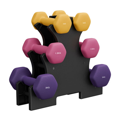 Hex Neoprene Dumbbells Set with Stand, 2 x 2 kg, 2 x 1.5 kg, 2 x 1 kg
